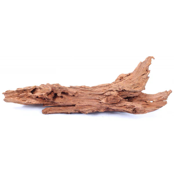 A piece of textured, reddish-brown aquarium driftwood on a white background.