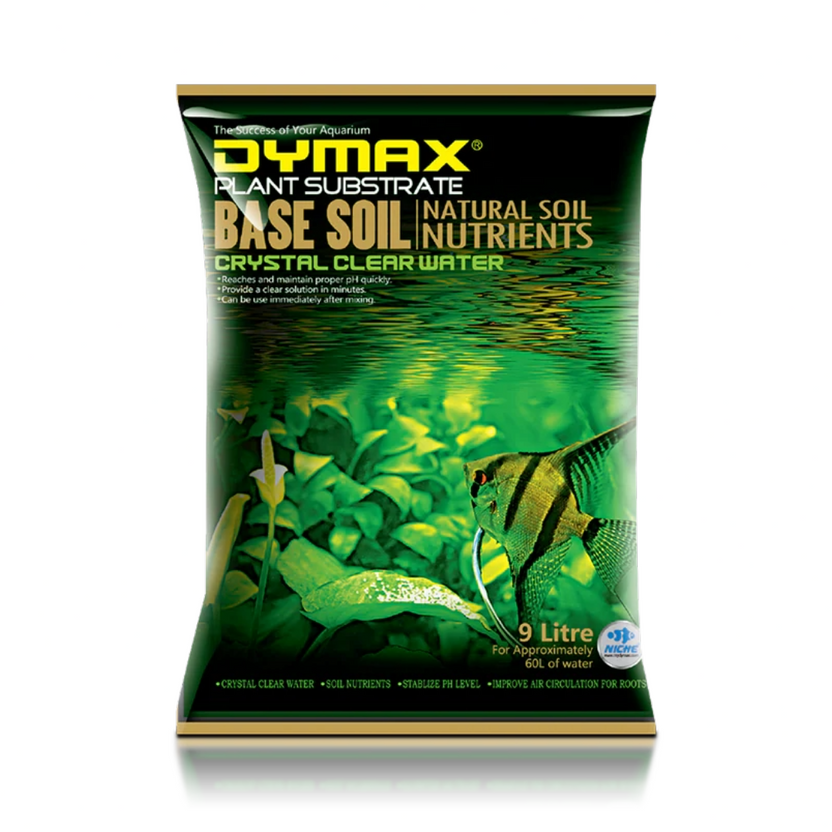Bag of Dymax Plant Substrate Base Soil with an angelfish and aquatic plants.